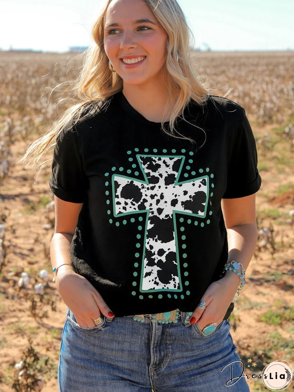 Cow Spots Cross Graphic Tee - Western Vibes