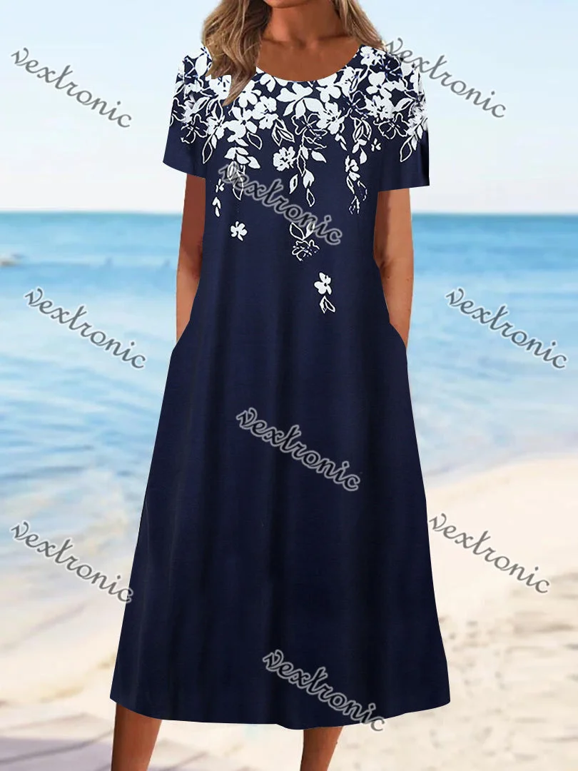Women's Dark Blue Scoop Neck Short Sleeve Floral Printed Graphic Midi Dress