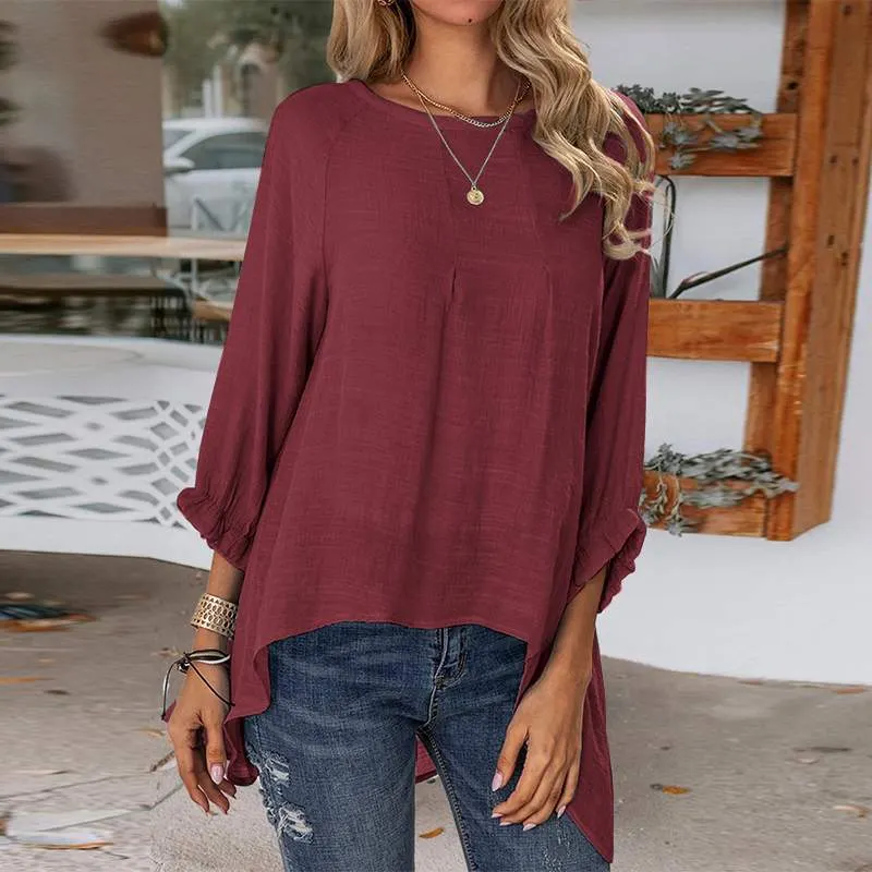 ZANZEA Women Elegant 3/4 Sleeve Solid Blouse Autumn Asymmetrical Shirt Vintage Casual Loose Blusas Chemise Oversized Tunic Tops