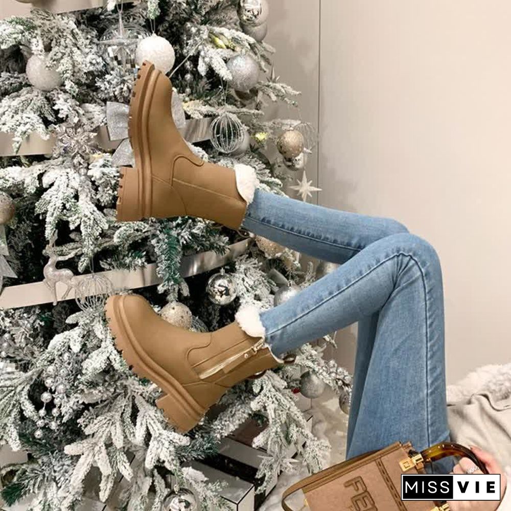 Chic Round Toe Plush Martin Boots