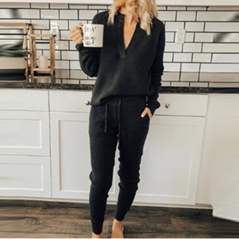 Women Fashion V-neck Solid Homewear Suits 2021 Spring Long Sleeve Tops Pullover and Pocket Set Autumn Two Piece Sets For Pajamas
