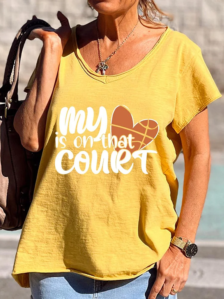 My Heart Is On That Court Basketball V Neck T-shirt-Annaletters