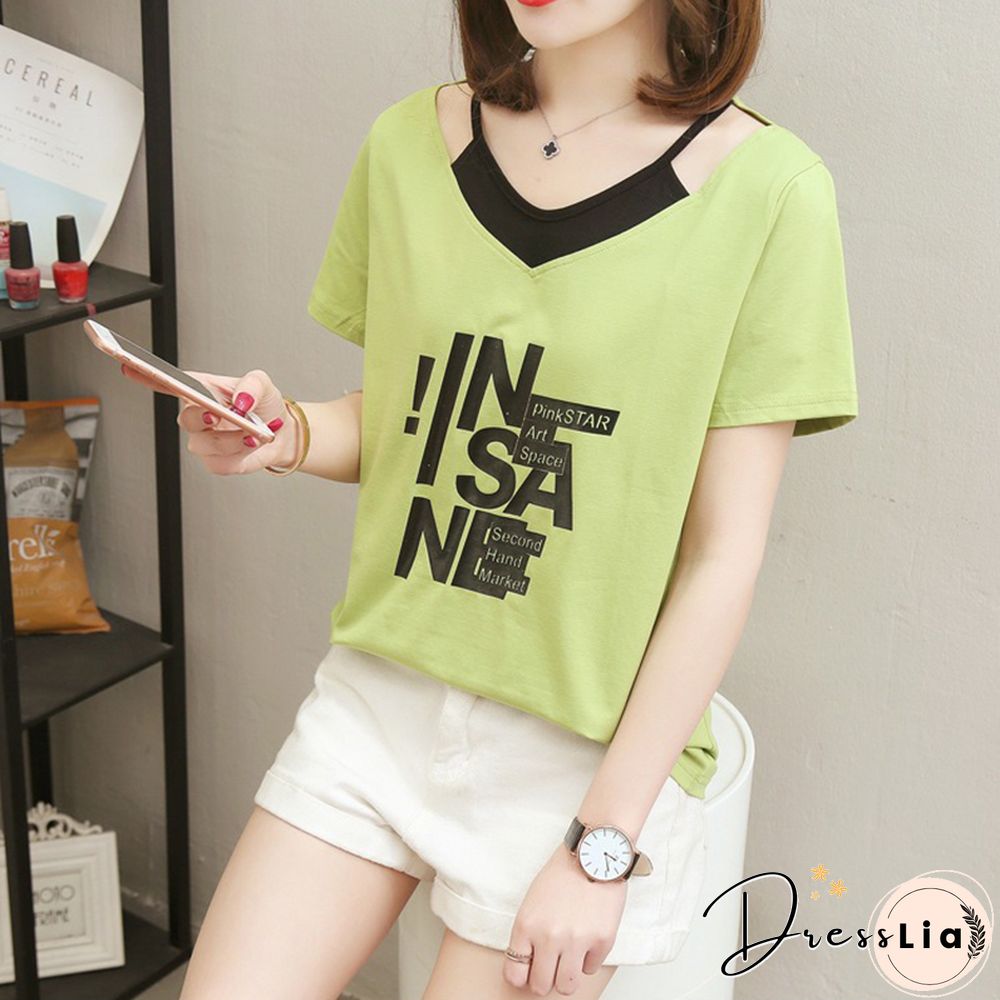 Print V- Neck T Shirt Women T-Shirt Cotton Summer Short Sleeve Woman Clothes Womens Tops Korean Style Tee Shirt Femme