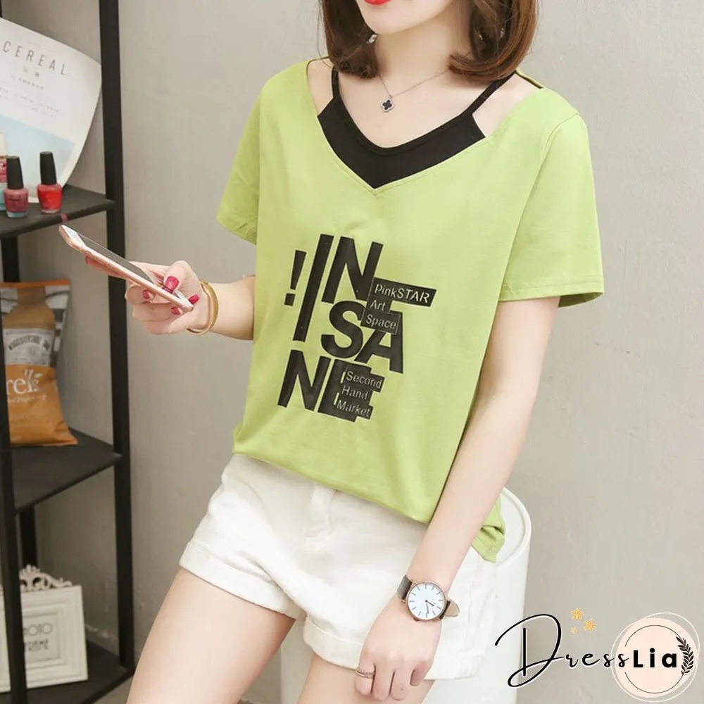 Print V- Neck T Shirt Women T-Shirt Cotton Summer Short Sleeve Woman Clothes Womens Tops Korean Style Tee Shirt Femme