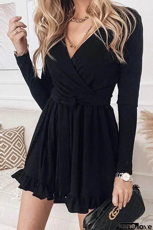 Ruffles V Neck Long Sleeve Wrap Mini DRESS