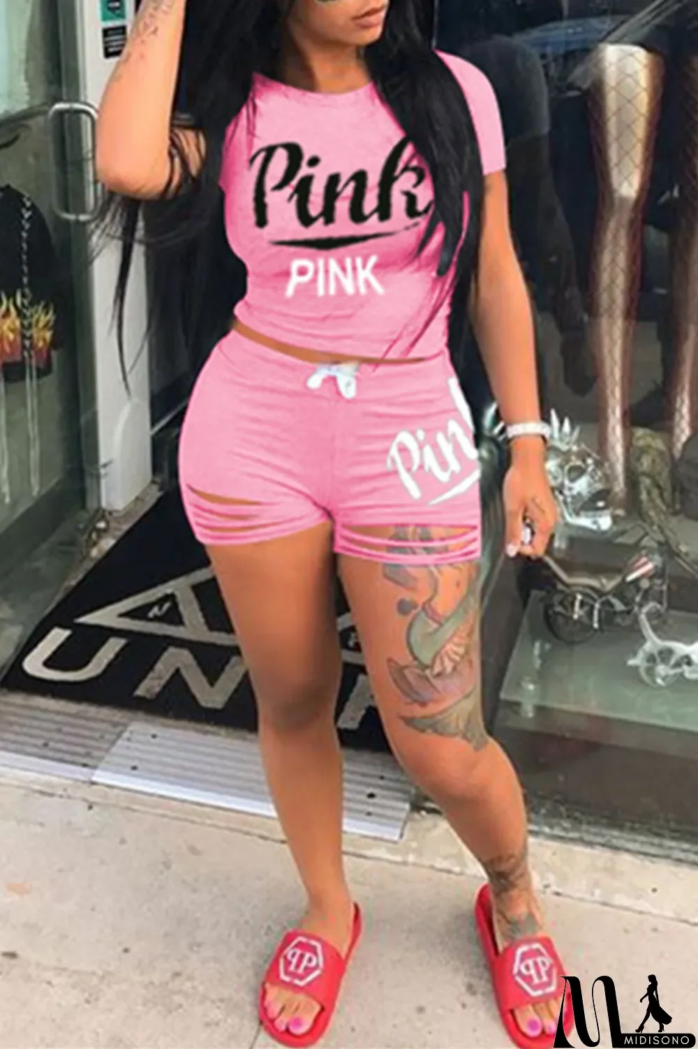 MidiSono - Pink Fashion Casual Letter Print Ripped O Neck Short Sleeve Two Pieces
