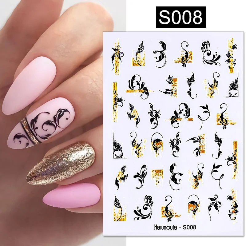 1PC Gold Black Bronzing Leaves Tree 3D Nail Sticker Iridescent Geometrics Lines Adhesive Transfer Sticker DIY Nail Decoration-Nail Inspo