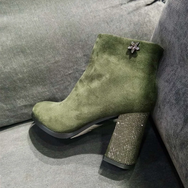Green Suede Rhinestone Block Heel Ankle Booties |FSJ Shoes