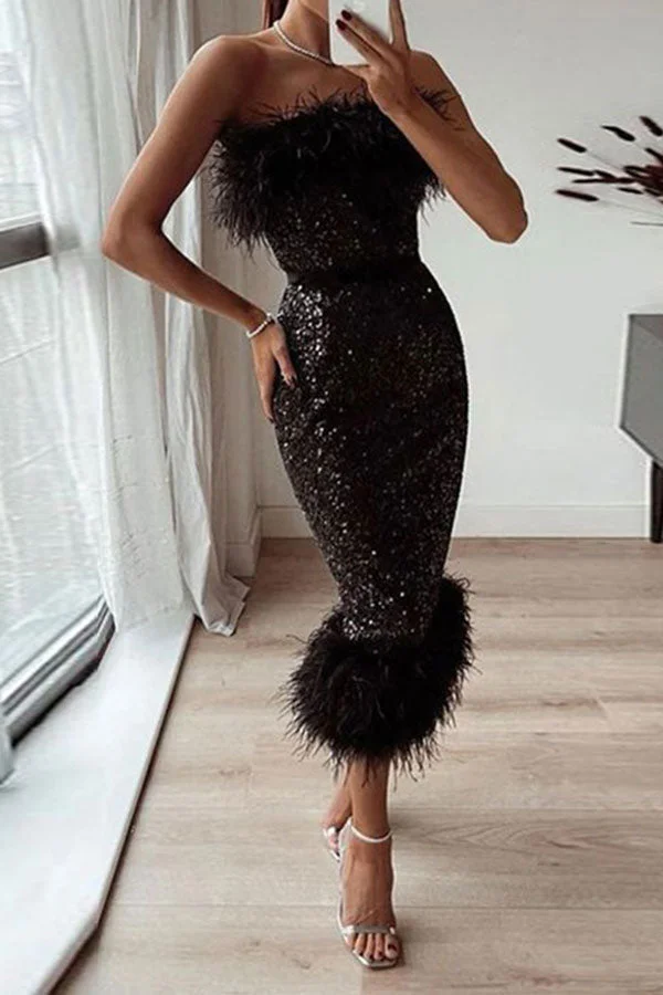 Feather Patchwork Glistening Sequined Midi Dress