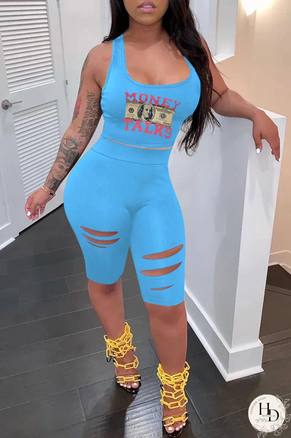 Black Casual Print Ripped U Neck Sleeveless Two Pieces