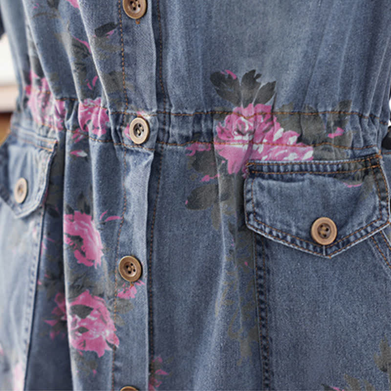 Floral Print Drawstring Lapel Denim Dress