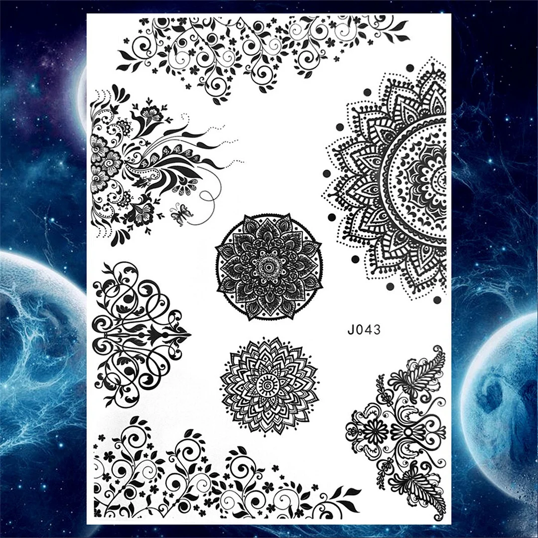 Body Art Henna Temporary Tattoos For Women Adult Fake Mandala Flower Tattoo Sticker Feather Butterfly Black Tatoos Leg Feet Foot