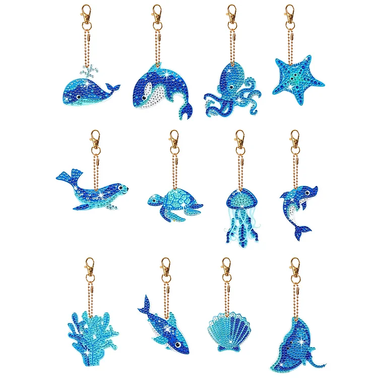 12Pcs Double Sided Marine Life Diamond Painting Art Keychain Pendant DIY Crafts