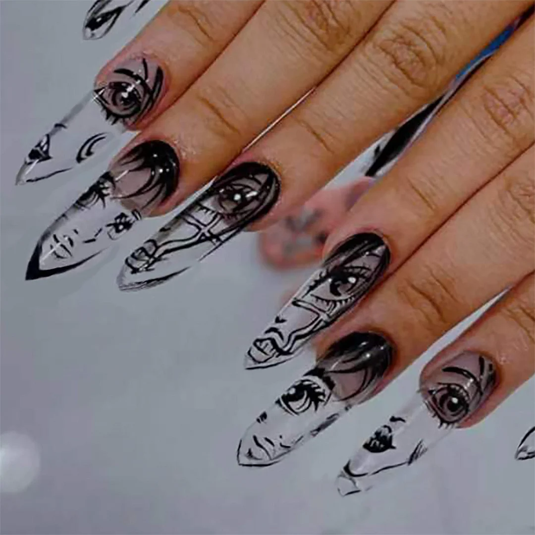 Graffiti Black Cartoon Face Ink Long-length Press On Nails with Jelly Double Sided Nail Adhesives 24 pcs