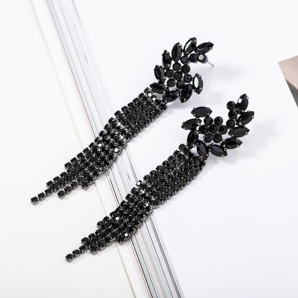 Black Rhinestone Tassel Drop Earrings for Women-VESSFUL