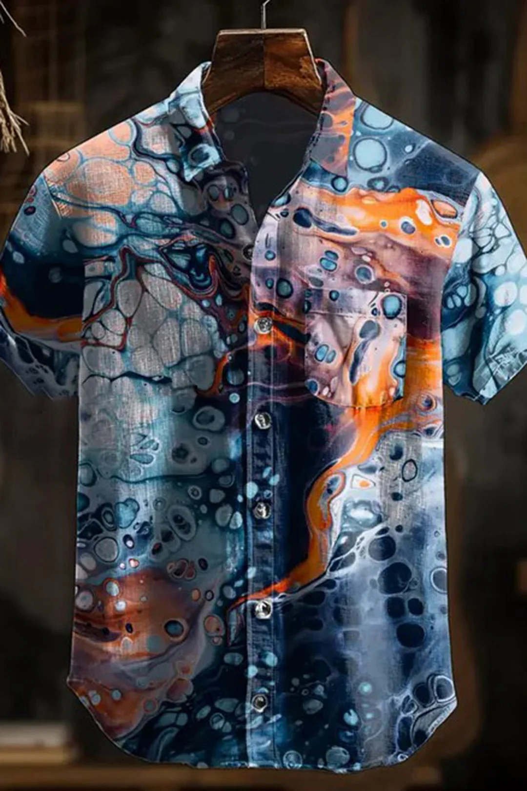 Men's Retro Abstract Art Print Short Sleeve Pocket Shirt
