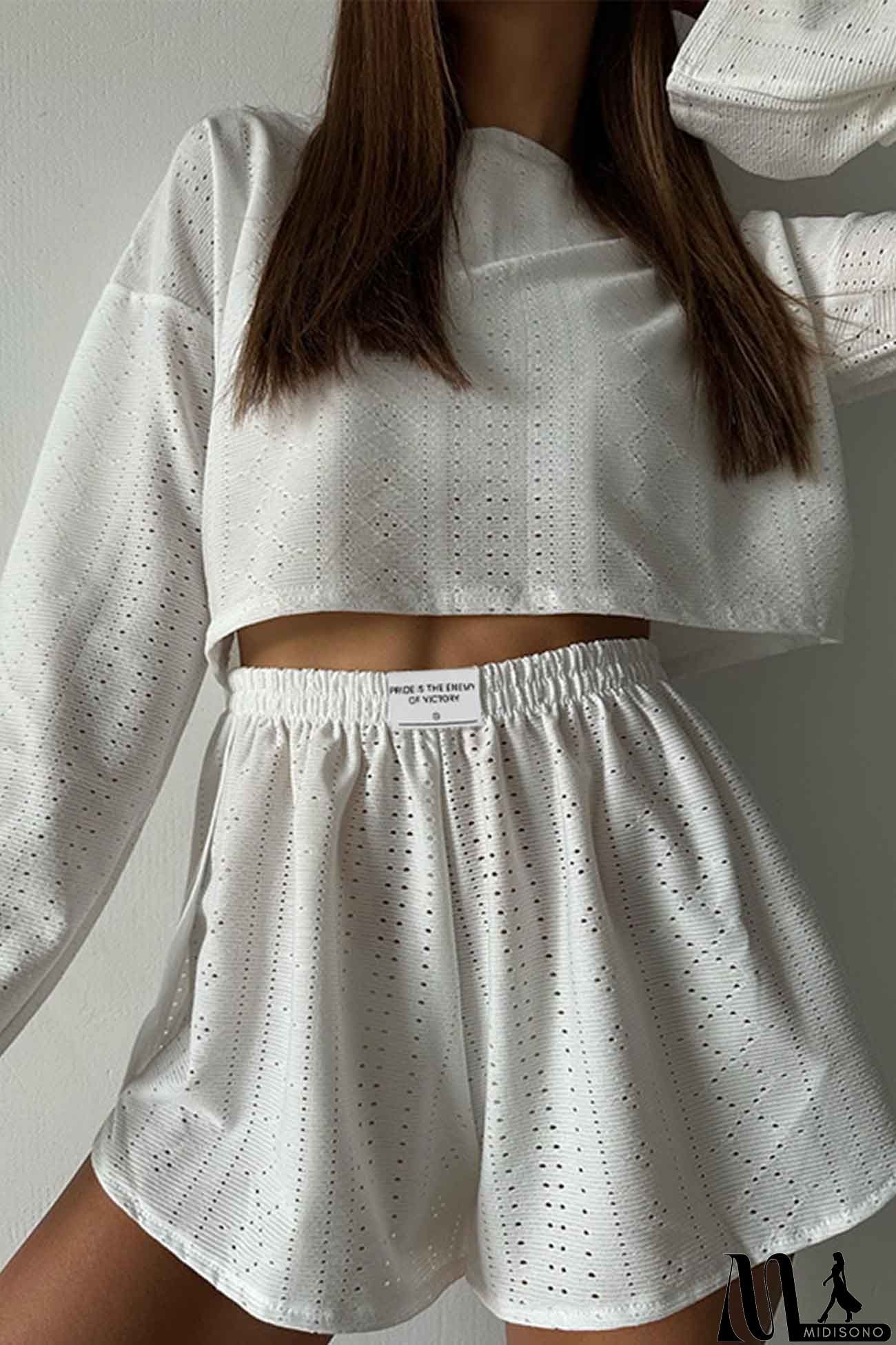 MidiSono - Hollow Long Sleeve Shorts Slit Two-Piece Set
