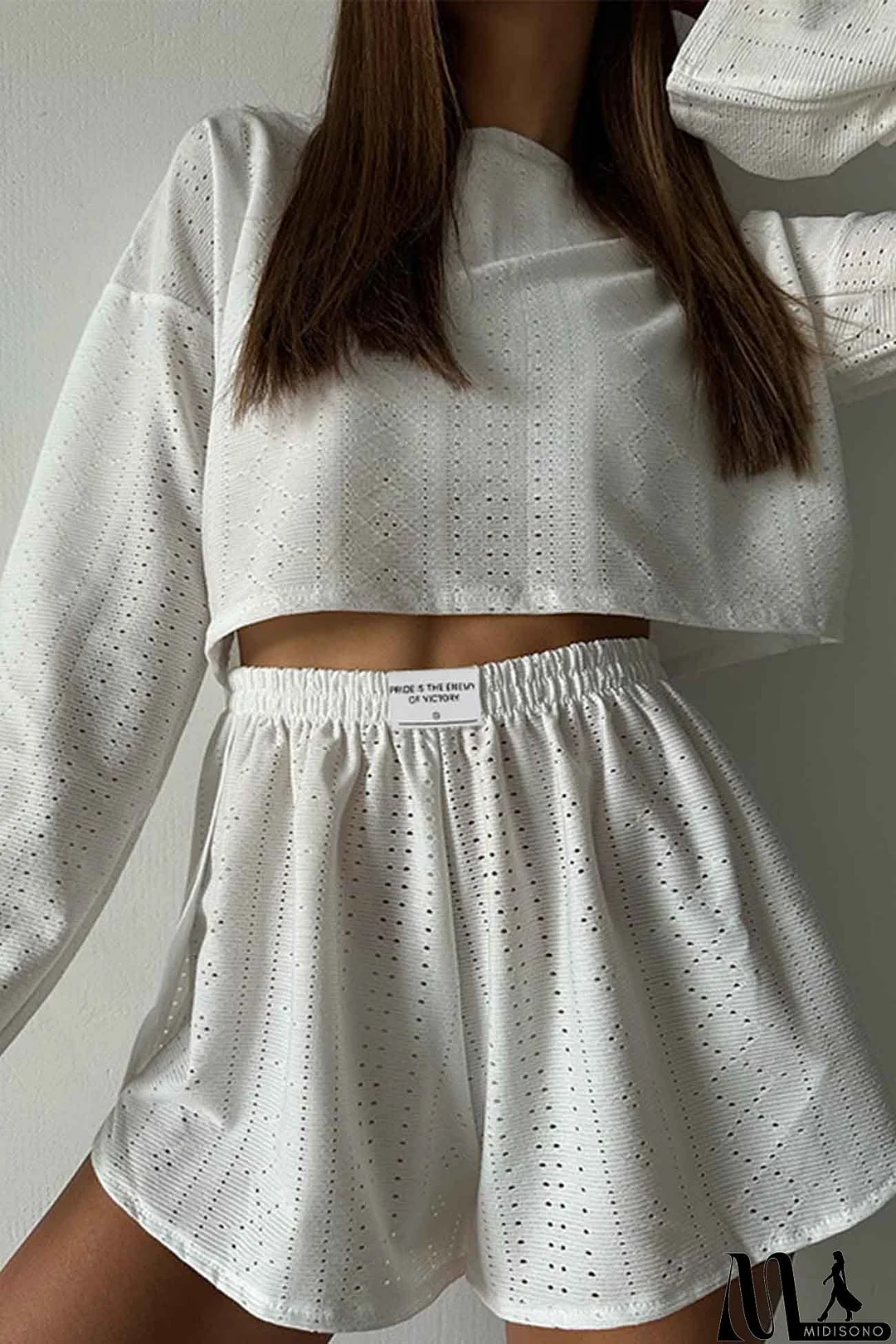 MidiSono - Hollow Long Sleeve Shorts Slit Two-Piece Set