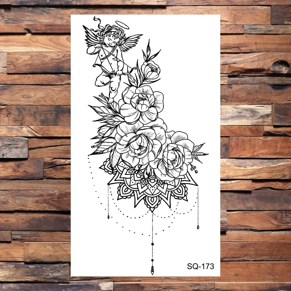 Crown Temporary Tattoos For Women Men Realistic Cross Sword Angel Wings Thorns Fake Tattoo Sticker Body Waterproof Tatoos Black