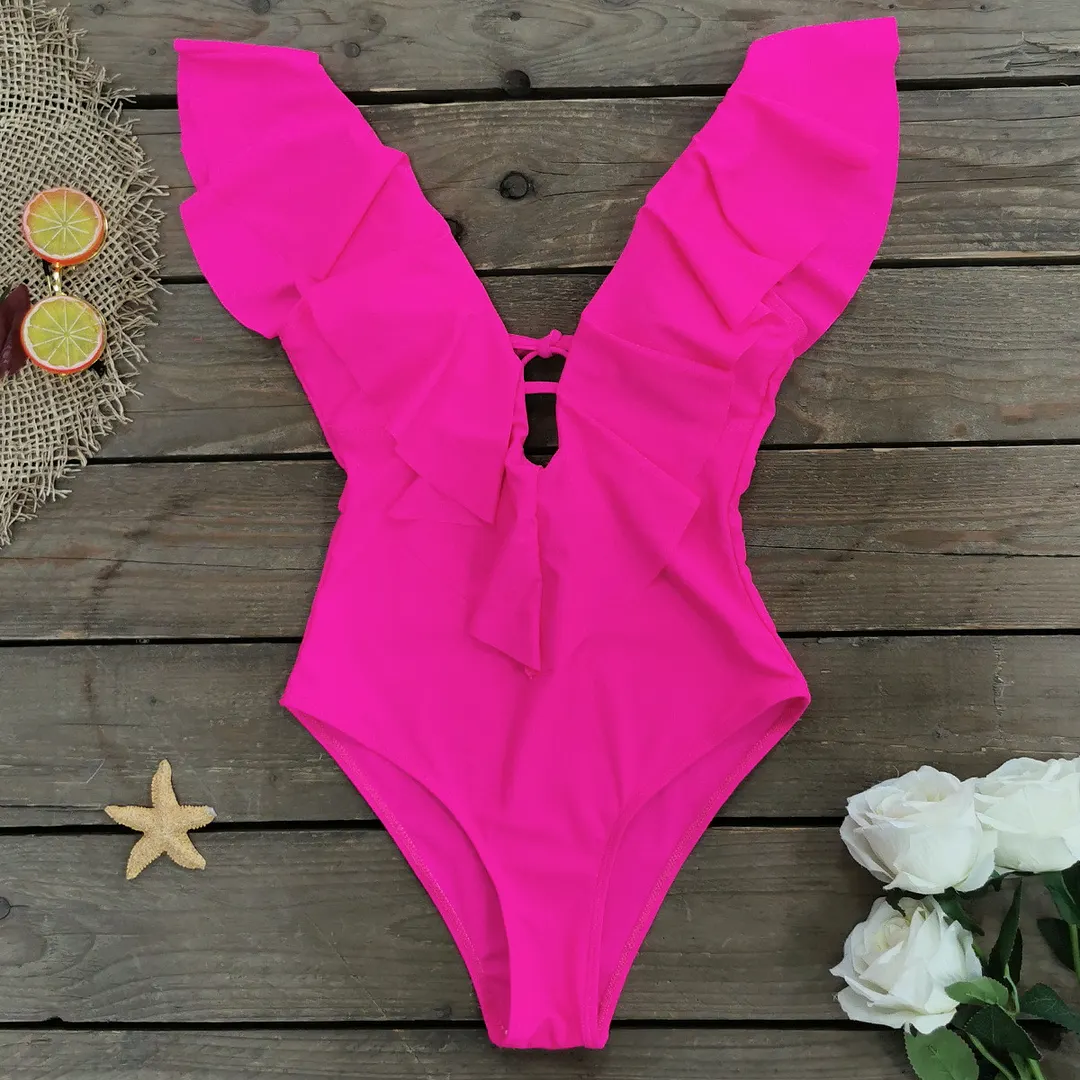 Brownm Printed Flowers Even Lotus Leaf Side Body Swimsuit Women 2025 New Swimsuit Bare Back
