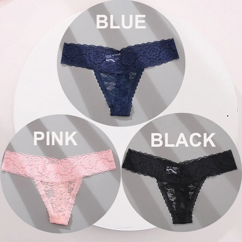 FINETOO 3PCS/Set M-XL G-string Thong Panties for Woman Sexy Lace Floral Underwear Transparent Women's Underpants Female Lingerie