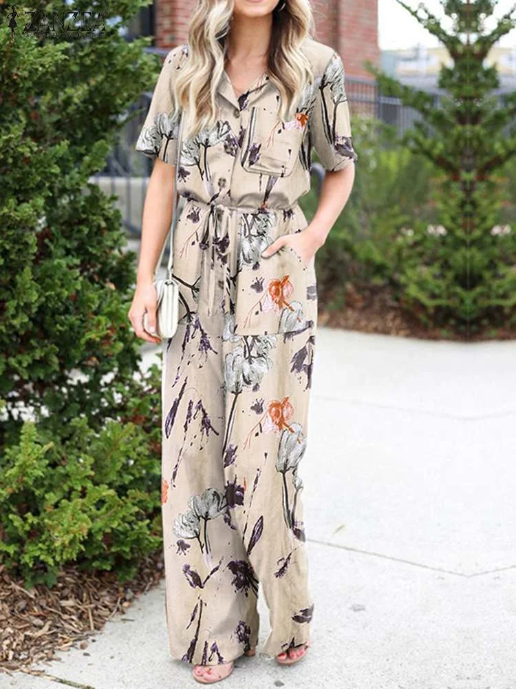 Summer Jumpsuits Women Vintage Floral Print Wide Leg Overalls ZANZEA Casual Lapel Neck Short Sleeve Long Rompers Loose Playsuits