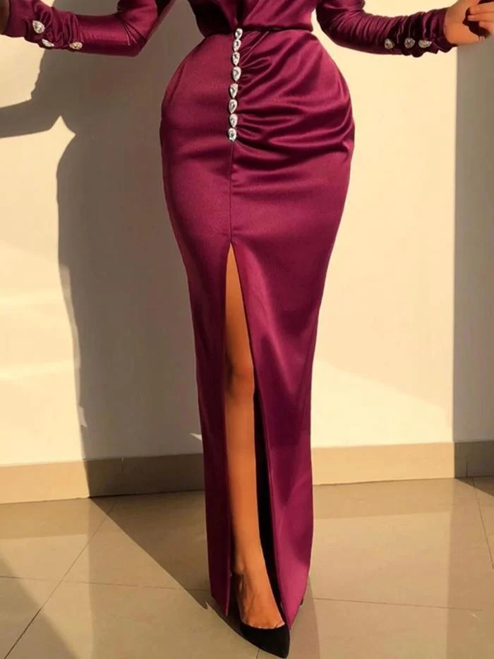 Turtleneck Slit Ruched Elegant Maxi Dress