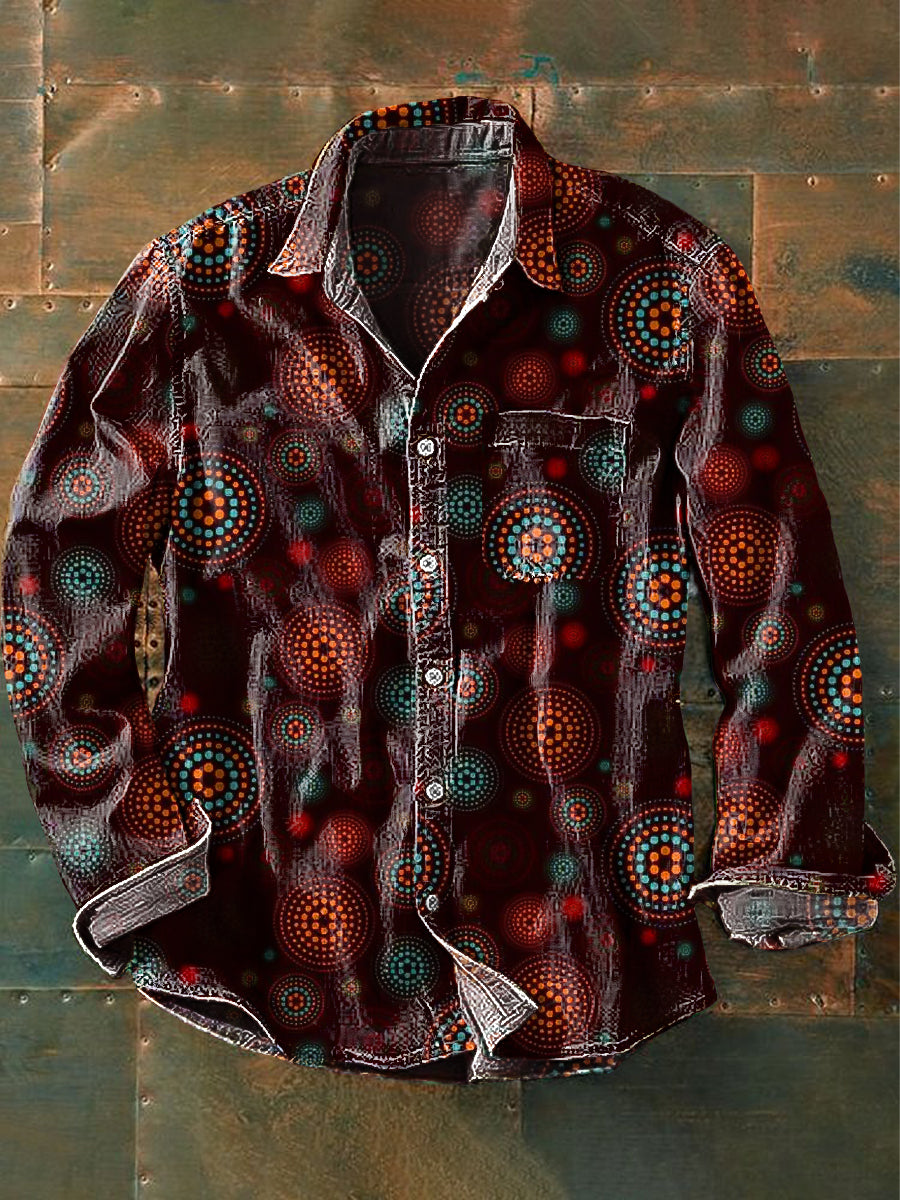 Men's Vintage Colorblock Art Print Lapel Long Sleeve Pocket Shirt