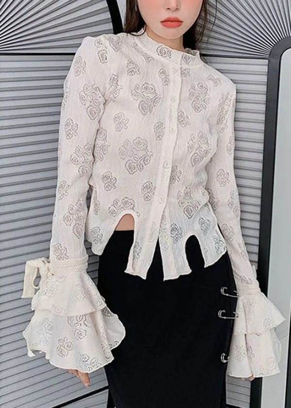 French White Asymmetrical Print Cotton Top Flare Sleeve