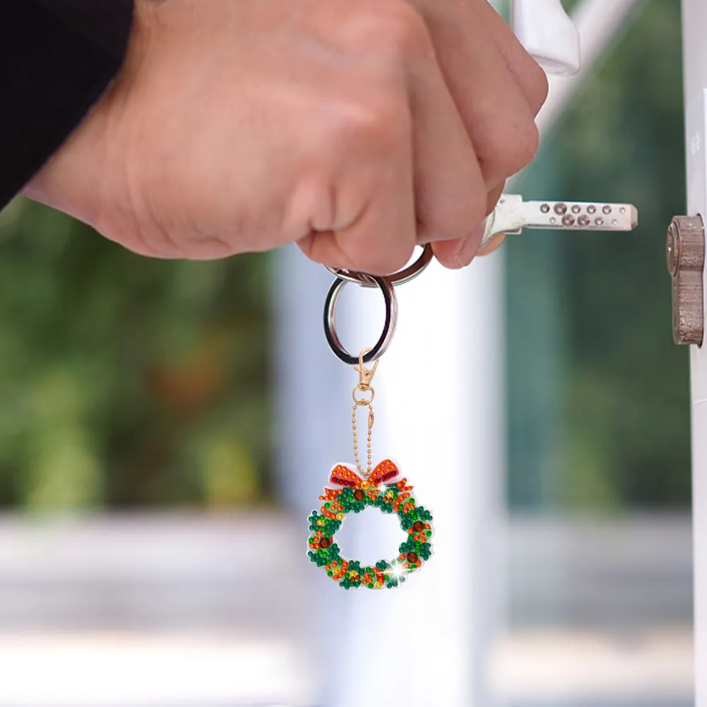 5pcs Diamonds Painting Keychain Christmas Tree Crafts DIY Key Ring Decor(Double Side)