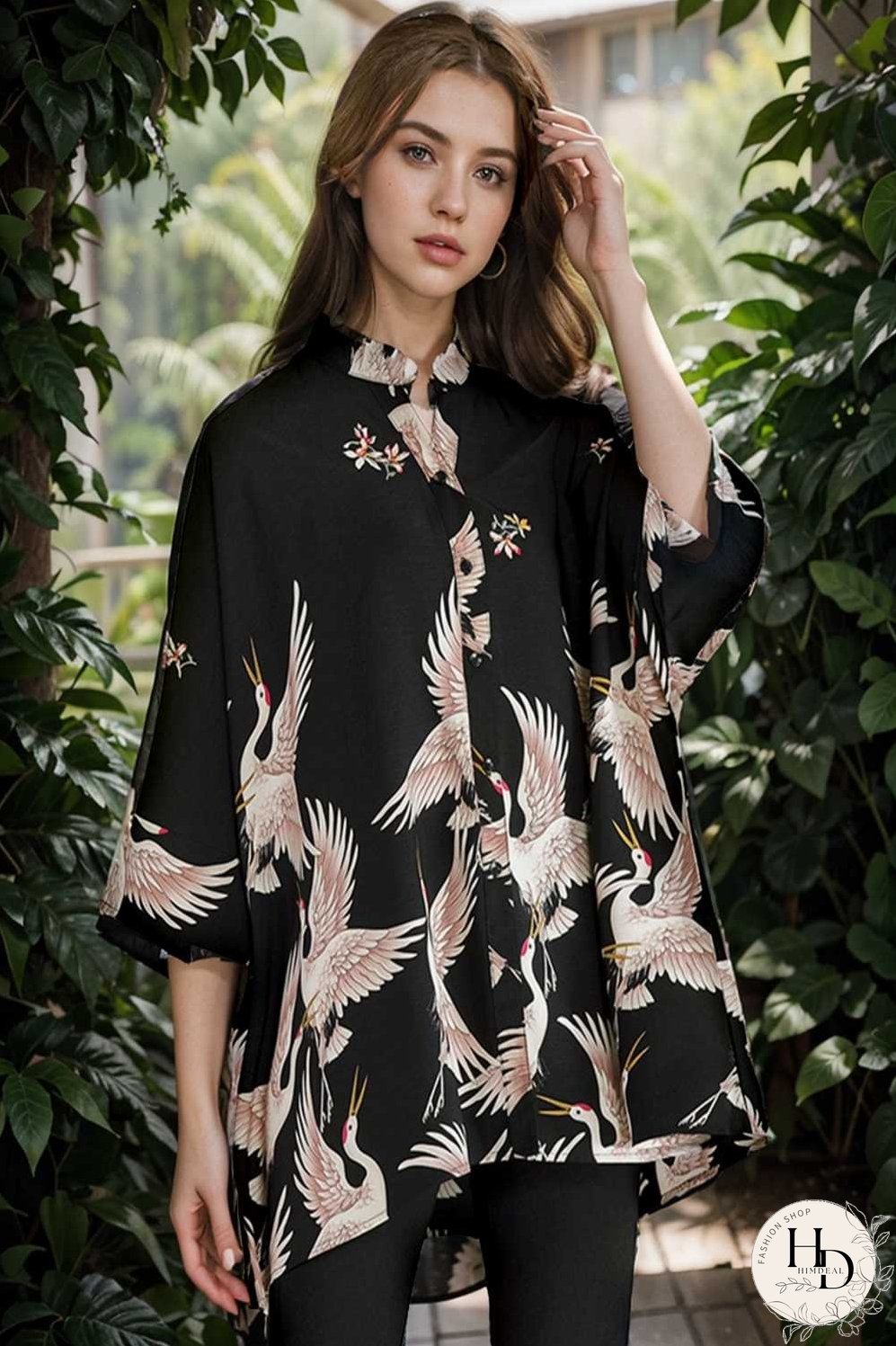 size curve blouses crane print loose oversized blouse