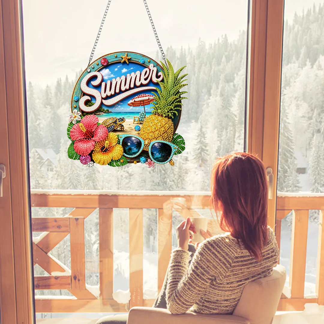 Summer Pineapple Beach 2D Flat DIY PET Diamond Painting Pendant Special Shape Hanging Gem Art Paintings Charm Single Side Drill for Adults Home Wall Window Decor