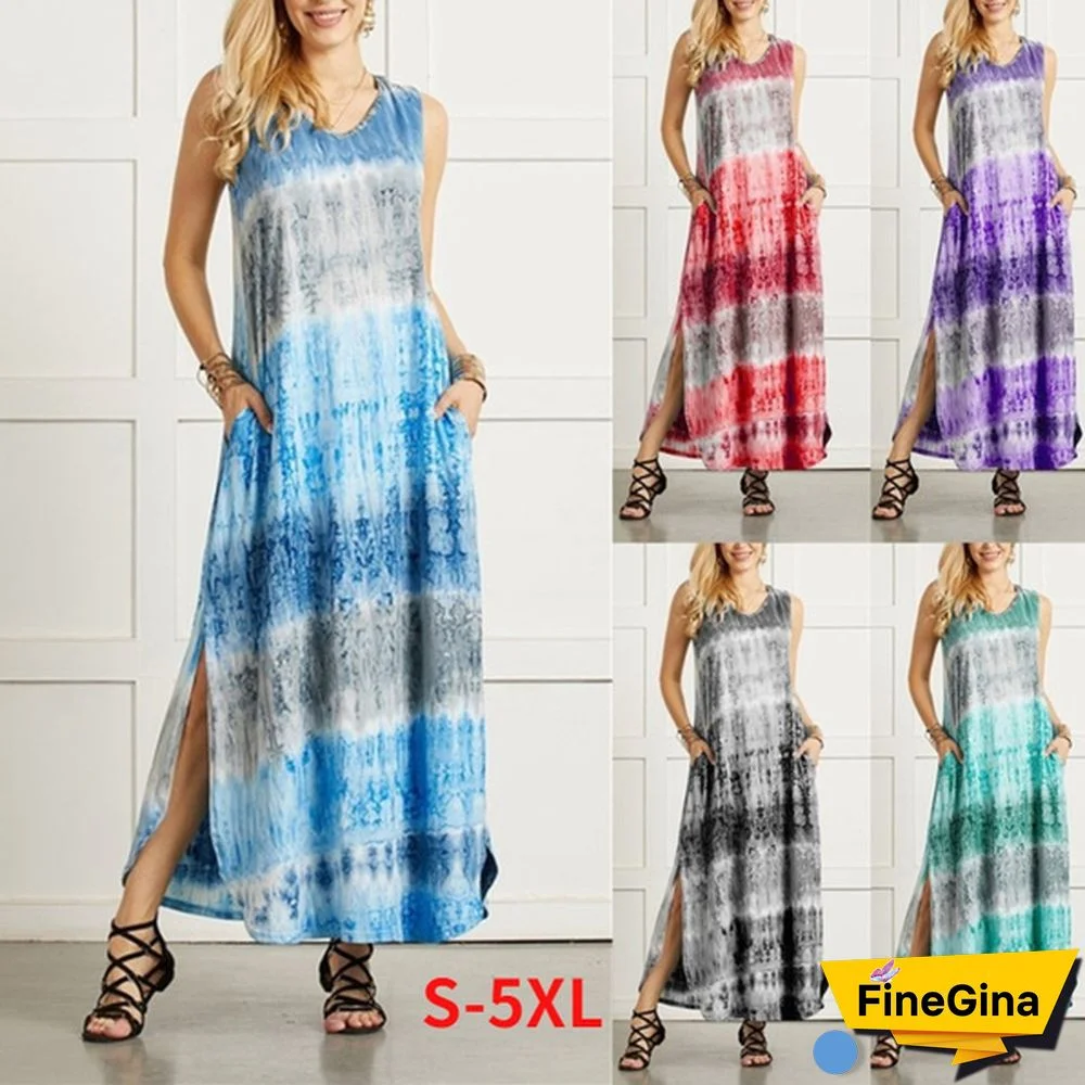 Womens Bohemia Sleeveless Maxi Dress Summer Casual Loose Tie Dye Printing Long Sundress Plus Size
