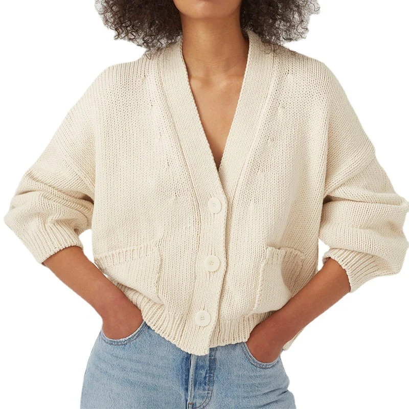 Wongn Wongn / Winter New Sweater Women's Long Sleeve Pocket Single Breasted V-Neck Knit Cardigan