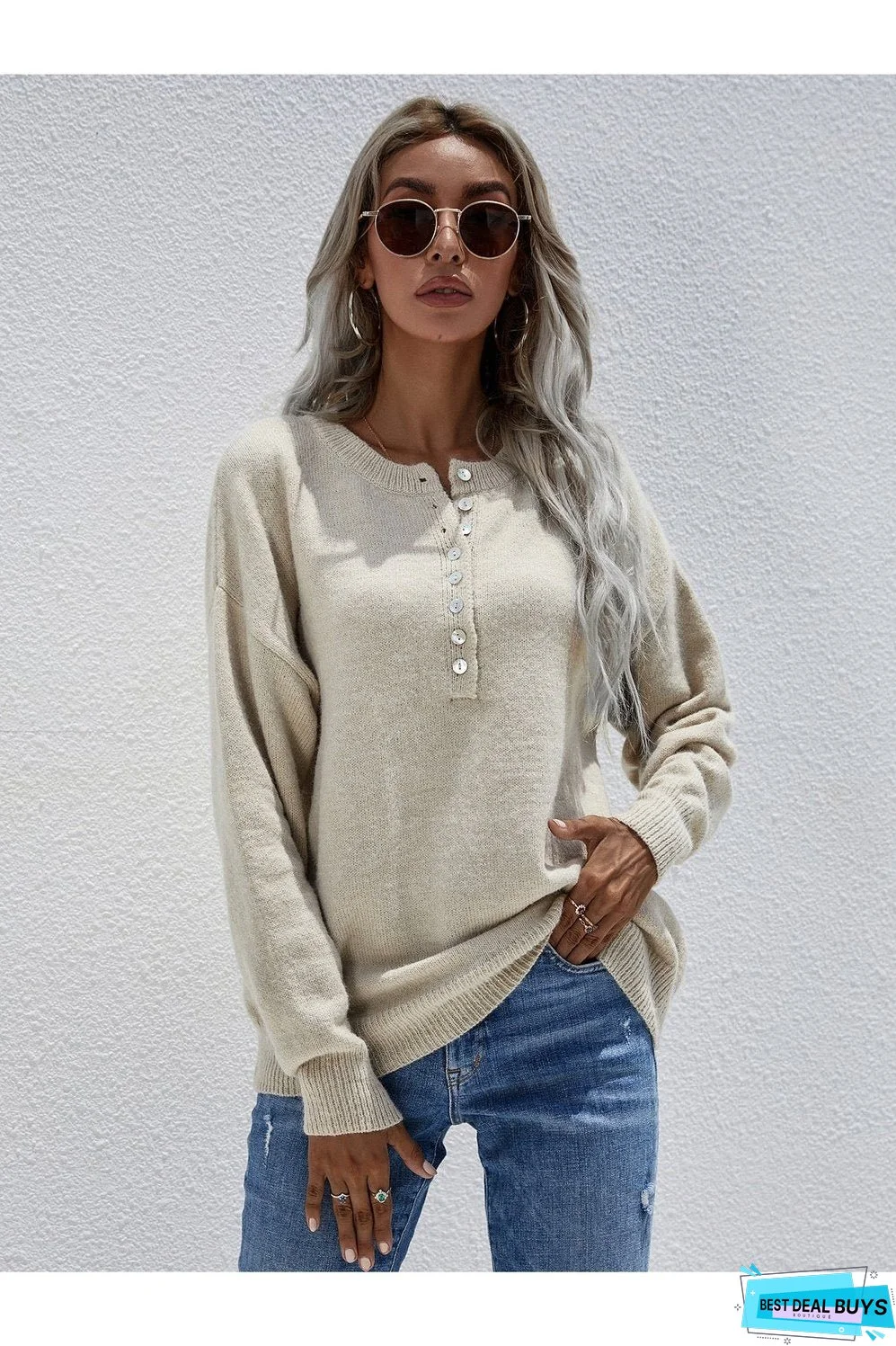Half Button Long Sleeve Henley Sweater