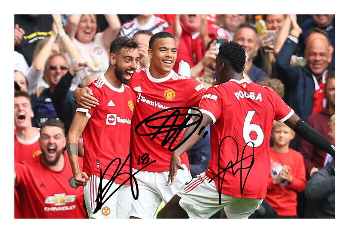 Bruno Fernandes Paul Pogba Mason Greenwood Signed Autograph Photo Poster painting Print 2021/22