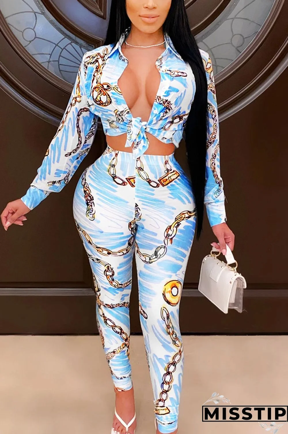 Blue Casual Daily Milk Fiber Print Patchwork Turndown Collar Long Sleeve Regular Sleeve Short Two Pieces