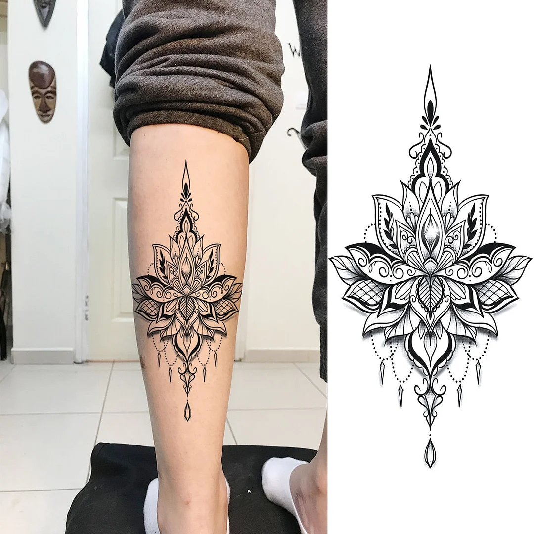 Black Lotus Pendant Temporary Tattoos For Women Adult Rose Flower Jewelry Fake Tattoo Fashion Calf Waterproof Half Sleeve Tatoos