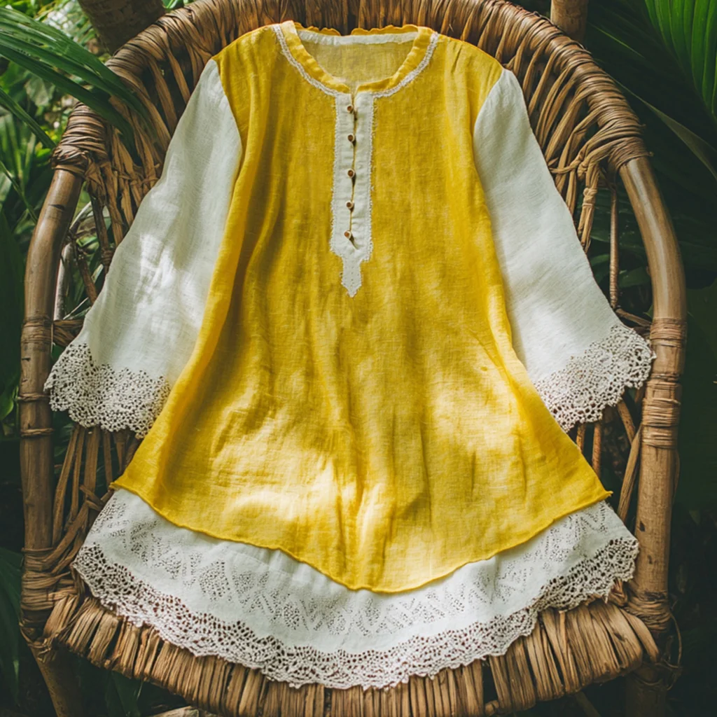  Bohemian Yellow and White Lace Trim Tunic Top for Women