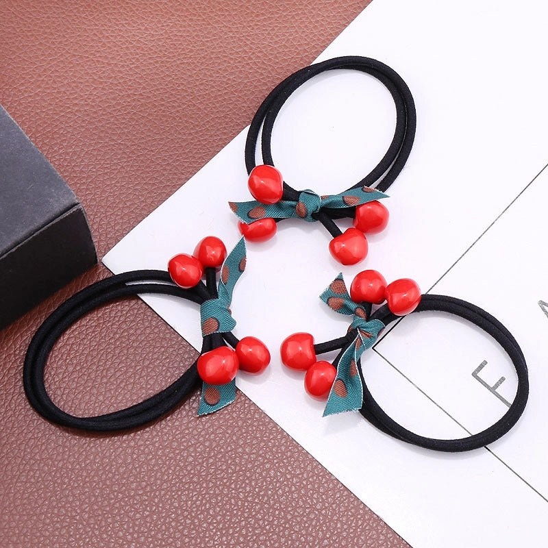 Korean Cherry Head Strap Rubber Band Cute Hair Ring Double Strand Red Apple Bow Hair Strap Mori Women’s Pony Tail Headwear