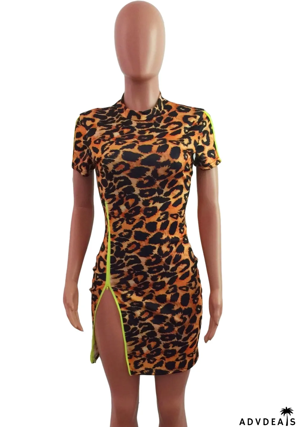 Summer Leopard Print Short Sleeve Mini Bodycon Dress