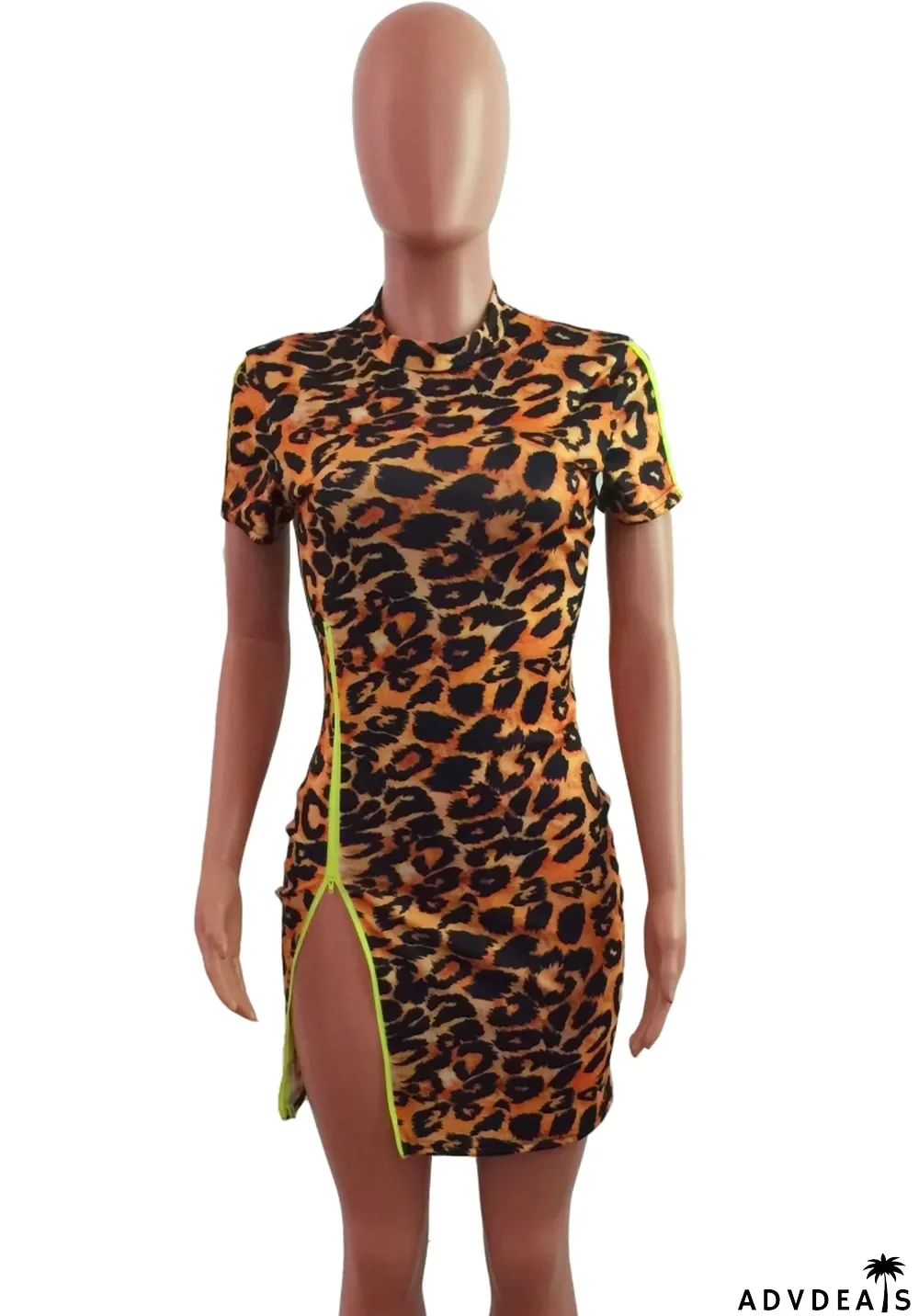 Summer Leopard Print Short Sleeve Mini Bodycon Dress