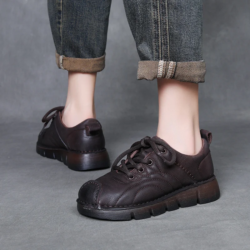Yyvonne Layer Of Cow Skin Retro Style Single Shoes Women 2025 Autumn New Beef Soft-Soled Mother Shoes Round Head Lace Women's Shoes