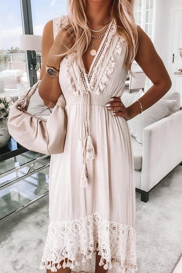 Solid Color V-Neck Lace Waist Swing Midi Dress
