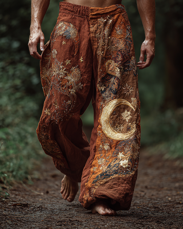 Men's casual star and moon 3D embroidered linen trousers 5633