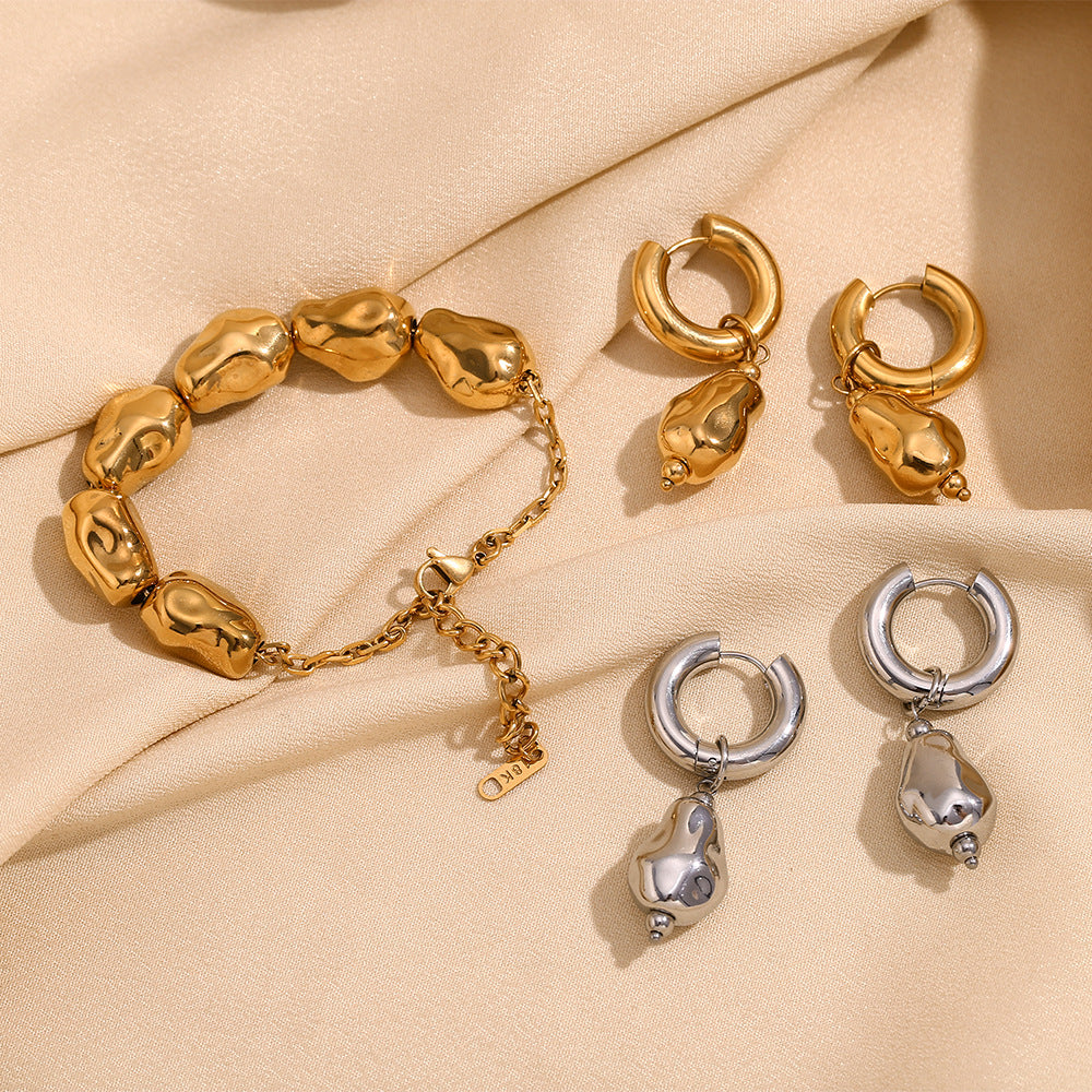 Niche Retro Personality Earrings Stainless Steel Plated 18K Gold Irregular Smooth Iron Bead Bracelet