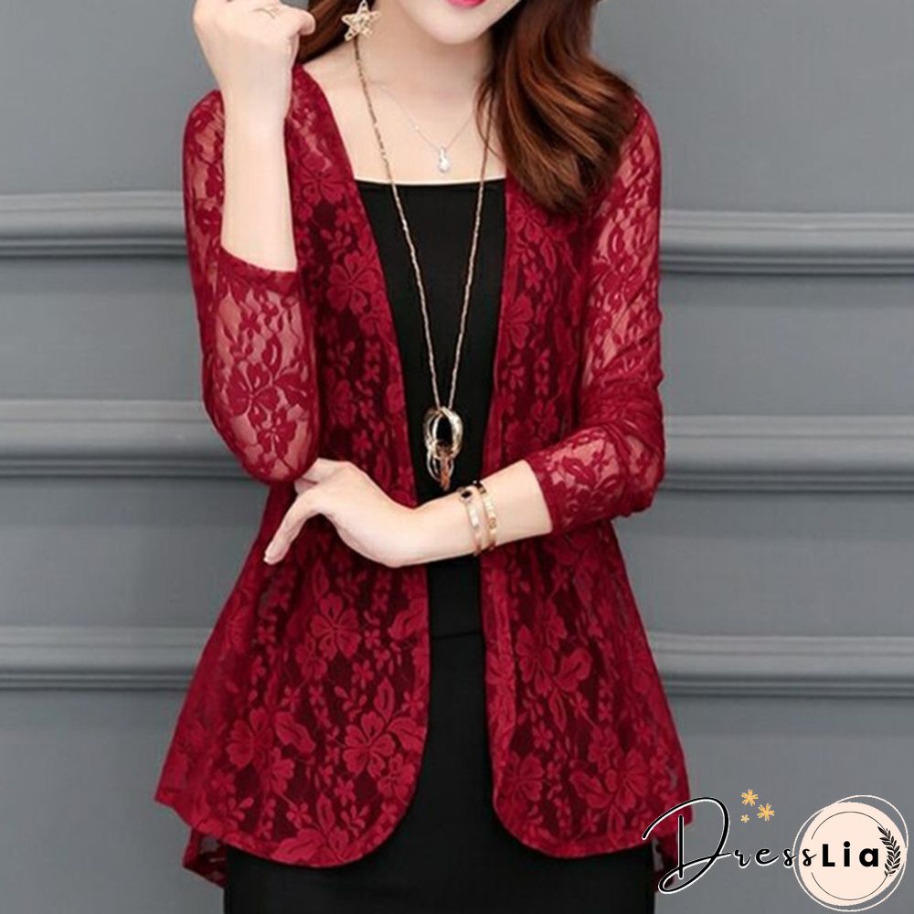 Womens Fashion Lace Cardigans Long Sleeves Solid Color Slim Fit Coat Casual Trench Outwear