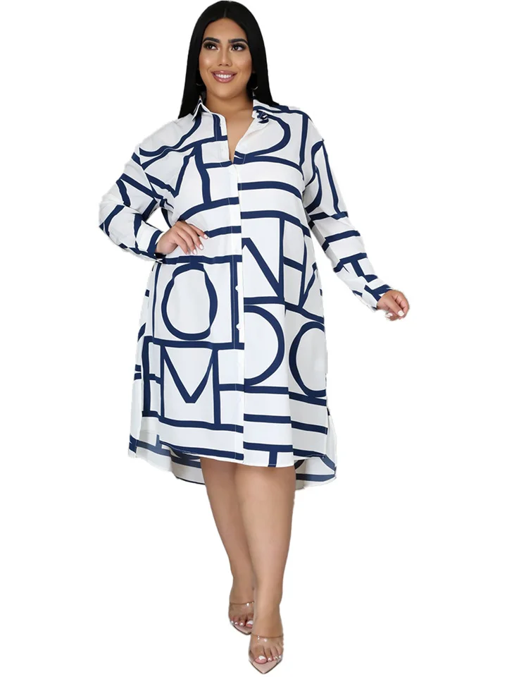 Explosive Print Pleated Waistband Lapel Shirt Large Size Simple Large Hem Type Urban Casual Dress Female L-4XL