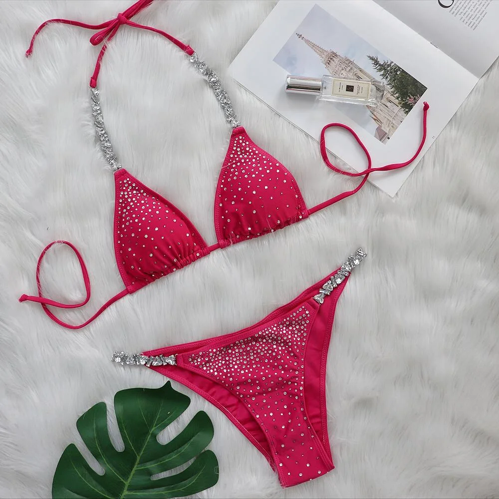 Brownm Brownm New Bikini Sexy Hot Drill Split Women's Swimsuit Solid Color Strap Bikini Swimsuit