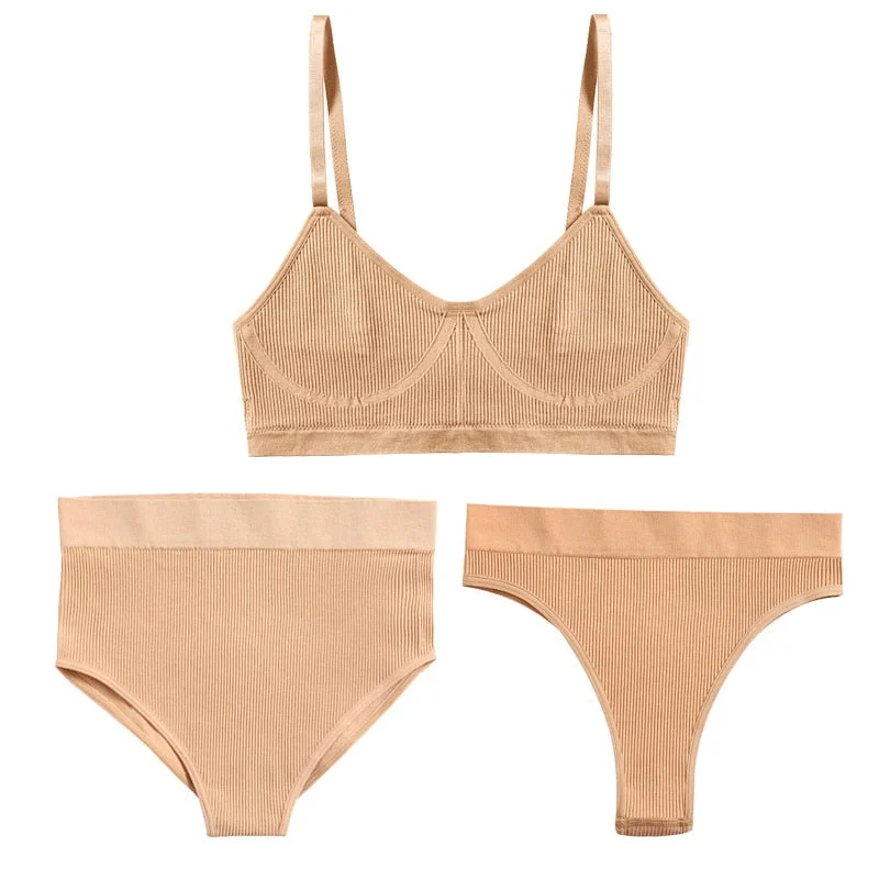 3PCS Bra Set Women Underwear Sexy High Waist Bodyshaper Briefs Thong Panties Female Bralette Lingerie Basic Top Active Brassiere